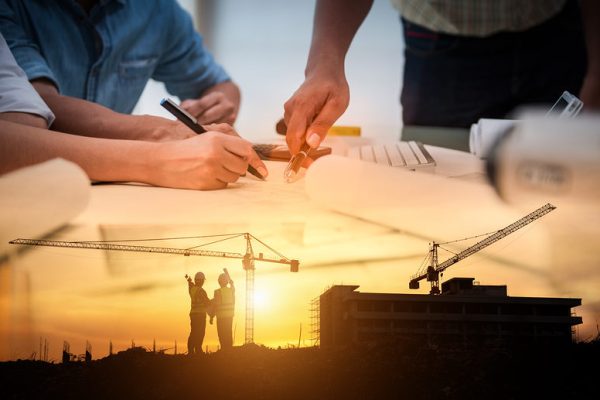 Civil Engineer Jobs, Double Exposure Of Project Management Team Civil Engineer Jobs, Double exposure of Project Management Team and Construction Site with tower crane background, Day and Night shift on employees job concept.